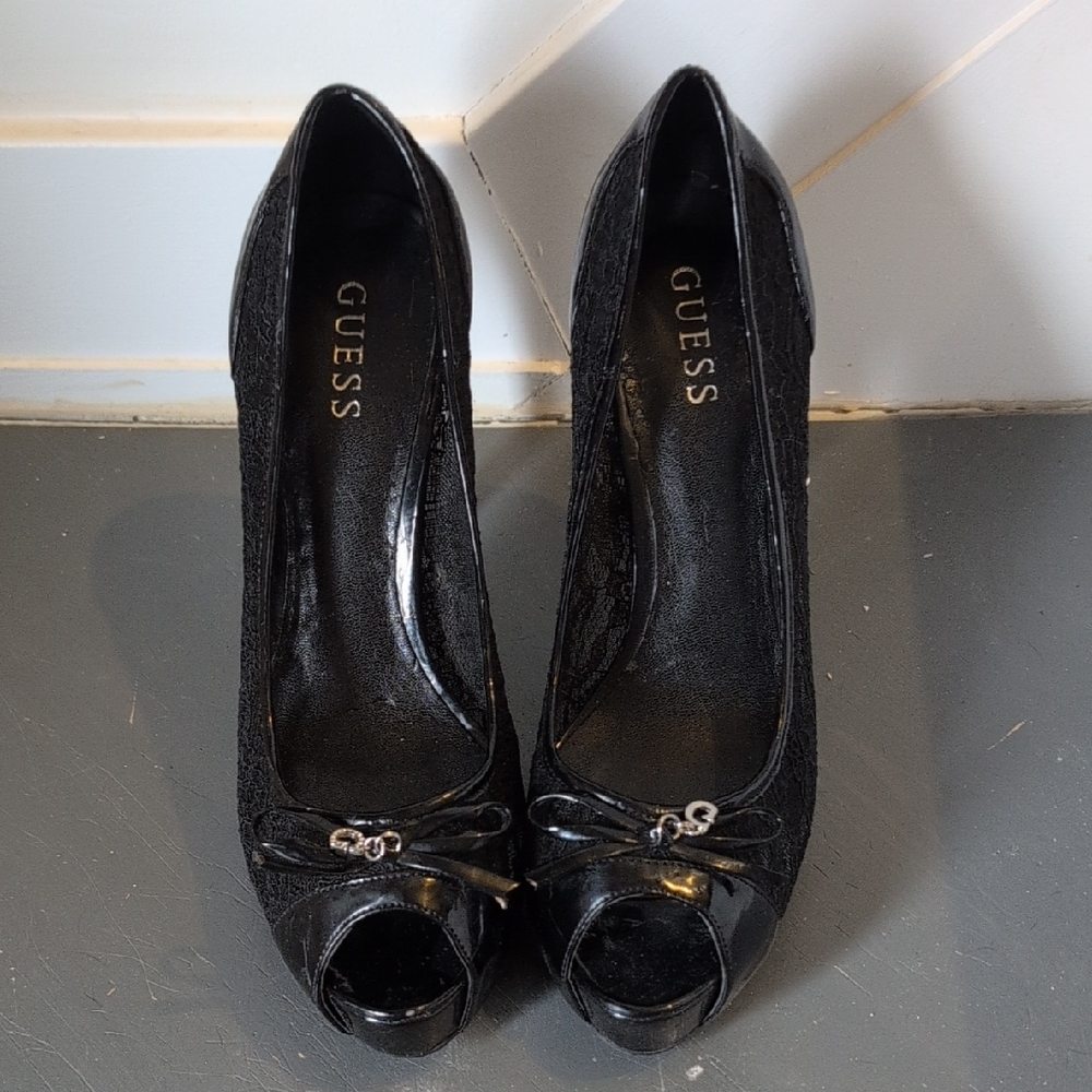 GUESS Black Lace Peep Toe Heels